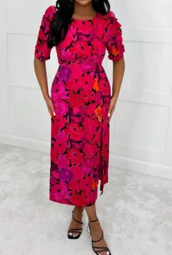 Finding Paradise Red Floral Ruffle Sleeve Leg Split Midi Dress