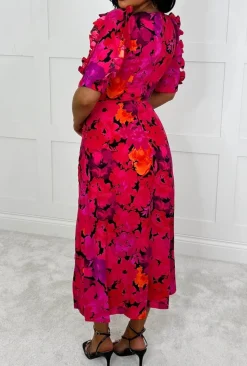 Finding Paradise Red Floral Ruffle Sleeve Leg Split Midi Dress