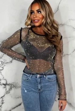 Flawless Diamond Black Diamante Long Sleeve Top