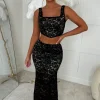 Flirtini Black Lace Ruched Midi Skirt