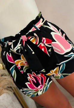 Floral Escape Black Belted Printed Elasticated Shorts