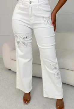 Flutter Effect White Butterfly Sparkling Stretch Straight Leg Jeans