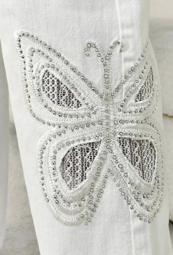 Flutter Effect White Butterfly Sparkling Stretch Straight Leg Jeans