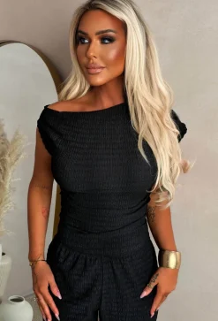 Forbidden Flame Black Ruched Shoulder Top