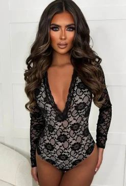 Forever Feels Black Sheer Back Lace Plunge Bodysuit