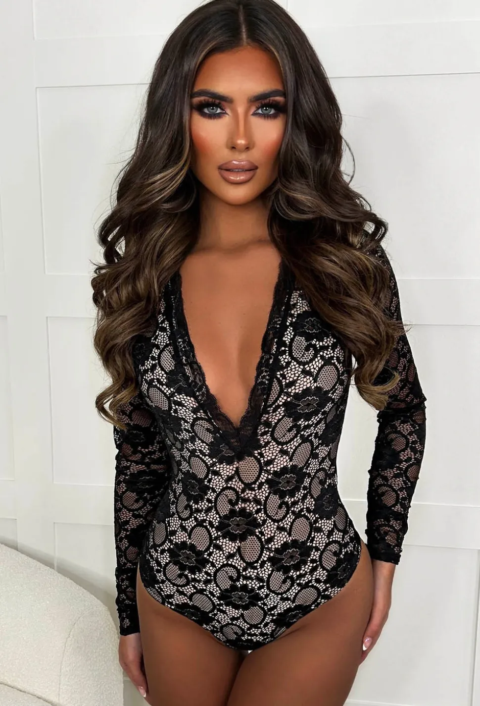 Forever Feels Black Sheer Back Lace Plunge Bodysuit
