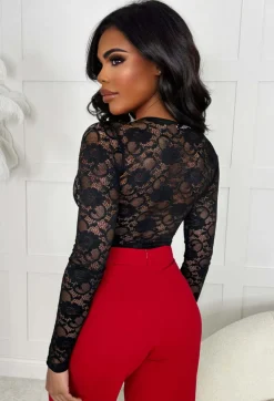 Forever Feels Black Sheer Back Lace Plunge Bodysuit