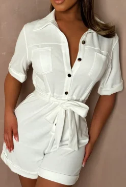 Forever For Now White Button Up Stretch Belted Playsuit