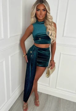 Forever Shining Green Velvet Drape Skirt Co-Ord