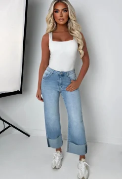 Forever True Light Wash Deep Turn Up Wide Leg Stretch Jeans