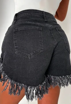 Frayed & Frantic Black Frayed Cut Off Stretch Denim Shorts