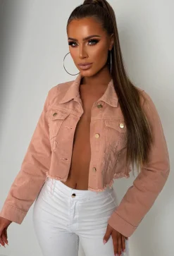 Frayed To See You Light Pink Stretch Cut Off Denim Jacket