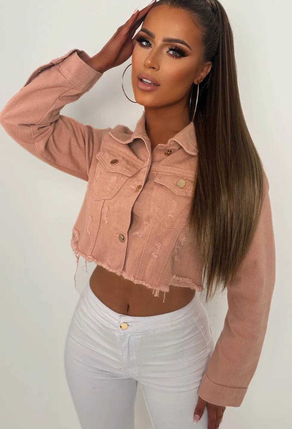 Frayed To See You Light Pink Stretch Cut Off Denim Jacket
