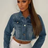 Frayed To See You Mid Blue Frayed Cropped Denim Jacket