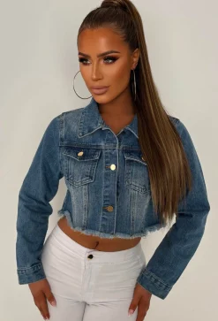 Frayed To See You Mid Blue Frayed Cropped Denim Jacket