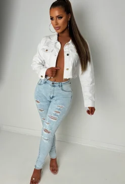 Frayed To See You White Frayed Cropped Denim Jacket