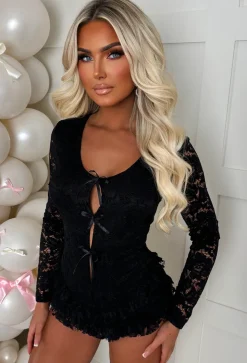 French Fancie Black Frilly Bow Front Backless Playsuit