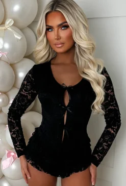 French Fancie Black Frilly Bow Front Backless Playsuit