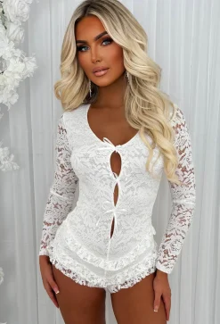 French Fancie White Frilly Bow Front Backless Playsuit