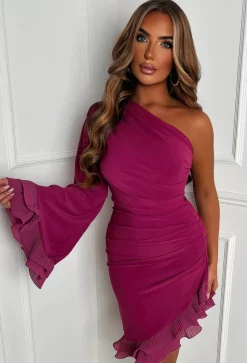 Frilled Senorita Plum One Sleeve Ruched Frill Hem Mini Dress