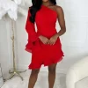 Frilled Senorita Red One Sleeve Ruched Frill Hem Mini Dress