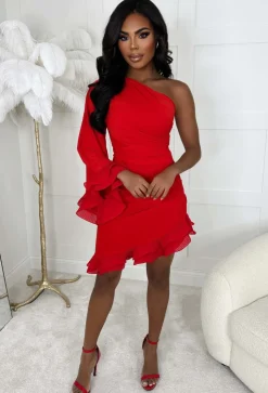 Frilled Senorita Red One Sleeve Ruched Frill Hem Mini Dress