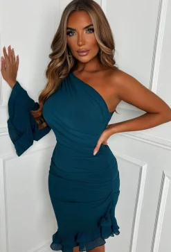 Frilled Senorita Teal One Sleeve Ruched Frill Hem Mini Dress