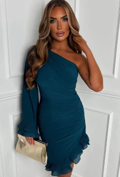 Frilled Senorita Teal One Sleeve Ruched Frill Hem Mini Dress