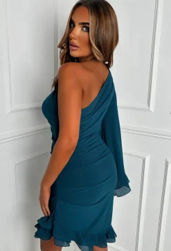 Frilled Senorita Teal One Sleeve Ruched Frill Hem Mini Dress