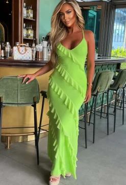 Frilling Temptation Green Frilled Lace Up Back Cami Maxi Dress