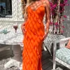 Frilling Temptation Orange Frilled Lace Up Back Cami Maxi Dress