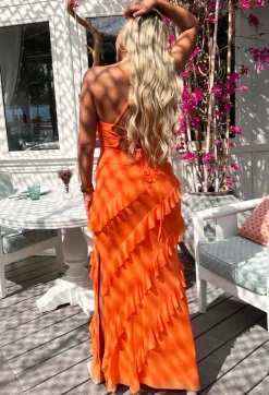 Frilling Temptation Orange Frilled Lace Up Back Cami Maxi Dress