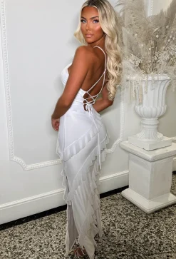Frilling Temptation White Frilled Lace Up Back Cami Maxi Dress