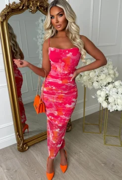 Fruity Tutti Pink Printed Cowl Neck Mesh Cami Midi Dress