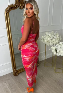 Fruity Tutti Pink Printed Cowl Neck Mesh Cami Midi Dress