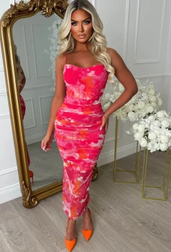 Fruity Tutti Pink Printed Cowl Neck Mesh Cami Midi Dress