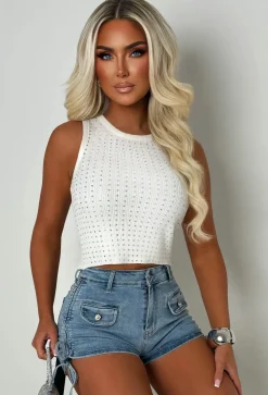 Gathered Up Mid Wash Stretch Denim Side Ruched Diamante Shorts