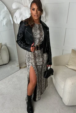 Get In Line Beige Snake Print Side Split Dress