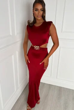 Gilly Burgundy Cut Out Diamante Brooch Sleeveless Dress