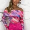 Girl In Love Pink Marble Print Mesh Stretch Bardot Top