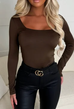 Girl Like Me Chocolate Brown Square Neck Long Sleeve Bodysuit