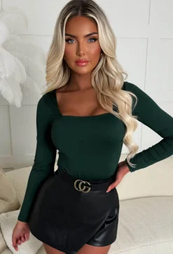 Girl Like Me Green Square Neck Long Sleeve Bodysuit