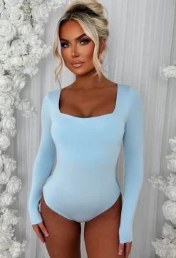 Girl Like Me Light Blue Square Neck Long Sleeve Bodysuit