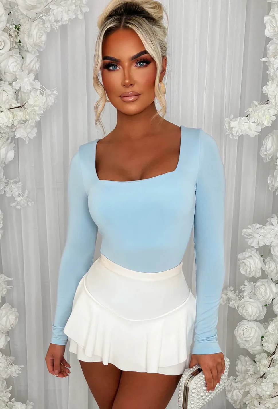 Girl Like Me Light Blue Square Neck Long Sleeve Bodysuit