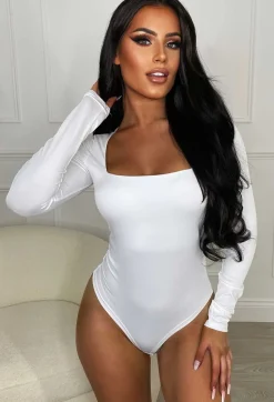Girl Like Me White Square Neck Long Sleeve Bodysuit