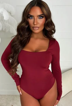 Girl Like Me Wine Square Neck Long Sleeve Bodysuit