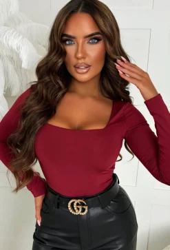 Girl Like Me Wine Square Neck Long Sleeve Bodysuit