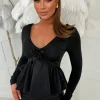 Girly Luxe Black Corsage Puff Ball Stretch Top