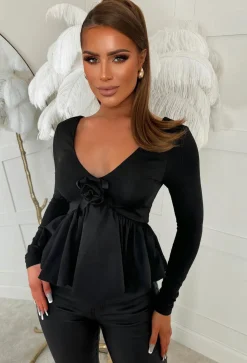 Girly Luxe Black Corsage Puff Ball Stretch Top