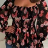 Give Me Notice Black Floral Shirred Square Neck Blouse